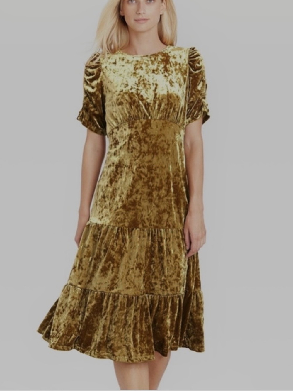 Who What Wear Velvet Tiered Midi Dress in Mustard Gold - Picture 3 of 10